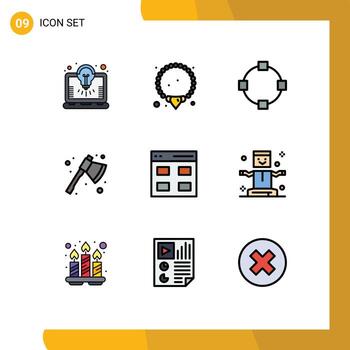 Group of 9 Modern Filledline Flat Colors Set for user grid path communication camping Editable Vector Design Elements