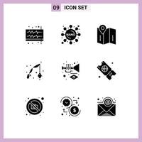 Set of 9 Vector Solid Glyphs on Grid for music hobby map hobbies fish Editable Vector Design Elements