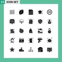 Mobile Interface Solid Glyph Set of 25 Pictograms of study education rugby cap strategy Editable Vector Design Elements