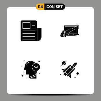 4 User Interface Solid Glyph Pack of modern Signs and Symbols of document communication text sheet security human Editable Vector Design Elements