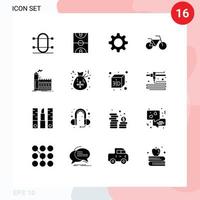 16 Universal Solid Glyphs Set for Web and Mobile Applications industry factory game vehicles gear Editable Vector Design Elements