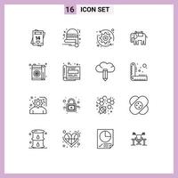 Group of 16 Outlines Signs and Symbols for grocery indian arrows elephant africa Editable Vector Design Elements