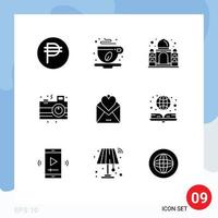 Group of 9 Solid Glyphs Signs and Symbols for mail party building night camera Editable Vector Design Elements