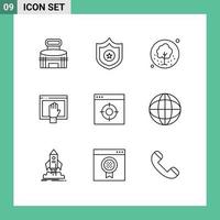 Pack of 9 Modern Outlines Signs and Symbols for Web Print Media such as open free tree content nature Editable Vector Design Elements