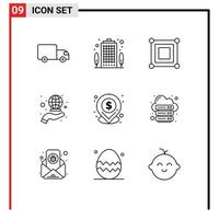 Modern Set of 9 Outlines Pictograph of location marketing board international coverage Editable Vector Design Elements