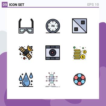 9 colores planos universales de línea de llenado establecidos para aplicaciones web y móviles espacio multimedia e línea satelital elementos de diseño vectorial editables vector