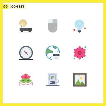 9 User Interface Flat Color Pack of modern Signs and Symbols of database office bulb gauge business Editable Vector Design Elements