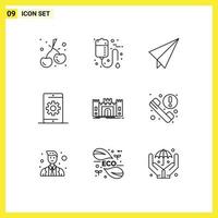 Group of 9 Outlines Signs and Symbols for defense search paper phone media Editable Vector Design Elements