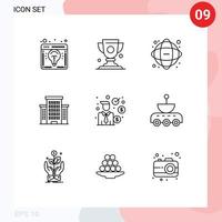 9 Universal Outlines Set for Web and Mobile Applications businessman city trophy building network Editable Vector Design Elements