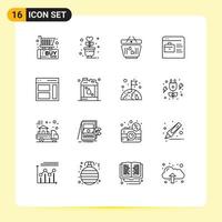 Pack of 16 Modern Outlines Signs and Symbols for Web Print Media such as interface online portfolio cart job website bag Editable Vector Design Elements