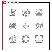 Pack of 9 Modern Outlines Signs and Symbols for Web Print Media such as indonesian settings furniture network gear Editable Vector Design Elements