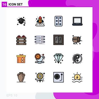 grupo de 16 signos y símbolos de líneas rellenas de color plano para elementos de diseño de vectores creativos editables de computadora portátil de inicio de preferencia de Apple