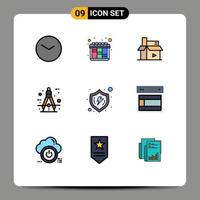 Pack of 9 Modern Filledline Flat Colors Signs and Symbols for Web Print Media such as protect measure creative compass architect Editable Vector Design Elements