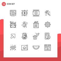 User Interface Pack of 16 Basic Outlines of flipper baking start baked video app Editable Vector Design Elements
