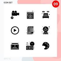 9 User Interface Solid Glyph Pack of modern Signs and Symbols of tax sheet sleep calculate play Editable Vector Design Elements