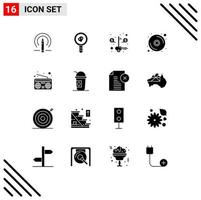 Mobile Interface Solid Glyph Set of 16 Pictograms of radio communication key dvd cd Editable Vector Design Elements