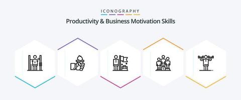 paquete de iconos de 25 líneas de habilidades de productividad y motivación empresarial que incluye ganadores. pedestal. liderazgo. ganadores empresario vector