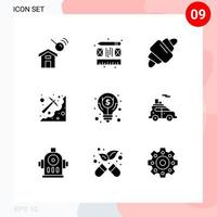 Set of 9 Commercial Solid Glyphs pack for idea pickaxe drink pick digging Editable Vector Design Elements