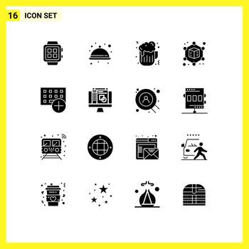 Set of 16 Vector Solid Glyphs on Grid for gadget computers ware add cube Editable Vector Design Elements
