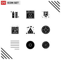 Group of 9 Modern Solid Glyphs Set for software design layout sign lot Editable Vector Design Elements