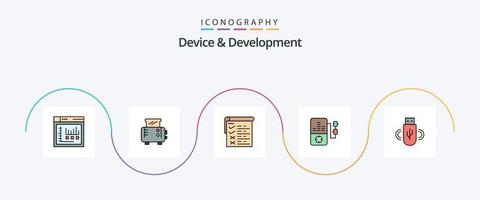 Device And Development Line Filled Flat 5 Icon Pack Including storage. share . testing. usb . mp play vector