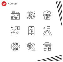 Modern Set of 9 Outlines Pictograph of mobile interface clover chatting in Editable Vector Design Elements