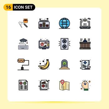 Modern Set of 16 Flat Color Filled Lines and symbols such as configuration laptop music seo security Editable Creative Vector Design Elements