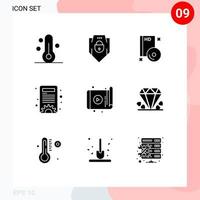 Group of 9 Solid Glyphs Signs and Symbols for tablet settings bluray options dvd Editable Vector Design Elements