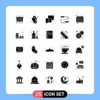 Modern Set of 25 Solid Glyphs Pictograph of book marketing chatting interaction buzz Editable Vector Design Elements