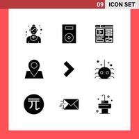 Group of 9 Modern Solid Glyphs Set for right location technology pointer web Editable Vector Design Elements