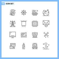 Group of 16 Outlines Signs and Symbols for technology star logic sleep mode Editable Vector Design Elements