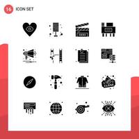 Group of 16 Solid Glyphs Signs and Symbols for multimedia announcement clapboard school desk Editable Vector Design Elements