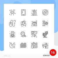 Pack of 16 Modern Outlines Signs and Symbols for Web Print Media such as computer vinyl beach music water Editable Vector Design Elements