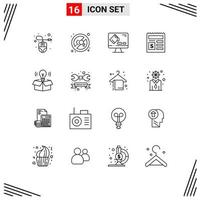 Pack of 16 Modern Outlines Signs and Symbols for Web Print Media such as bulb bank color document basic Editable Vector Design Elements