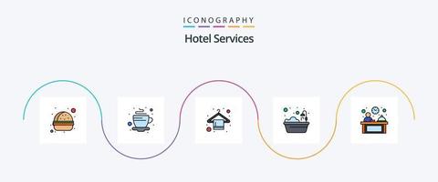 la línea de servicios del hotel llenó el paquete de iconos planos 5 que incluye el hotel. ducha. percha. hotel. baño vector