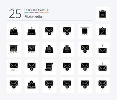 Multimedia 25 Solid Glyph icon pack including inbox. board. message. analytics. complete vector