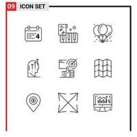 Pictogram Set of 9 Simple Outlines of achieved mind birthday intelligence growth Editable Vector Design Elements