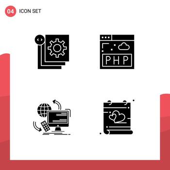 Pictogram Set of 4 Simple Solid Glyphs of coding control process php remote Editable Vector Design Elements