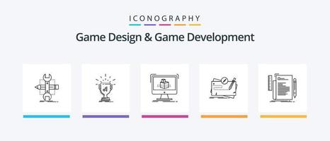 paquete de iconos de línea 5 de diseño y desarrollo de juegos que incluye archivo. código. búsqueda. publicación. juego. diseño de iconos creativos vector