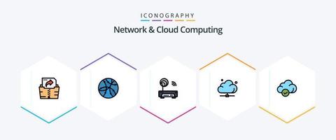 Network And Cloud Computing 25 FilledLine icon pack including safe. technology. electronic. server. data vector