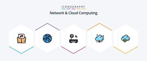 paquete de iconos de 25 líneas completas de red y computación en la nube que incluye caja fuerte. tecnología. electrónico. servidor. datos vector