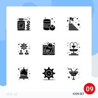 Editable Vector Line Pack of 9 Simple Solid Glyphs of computer attack top teamwork management Editable Vector Design Elements