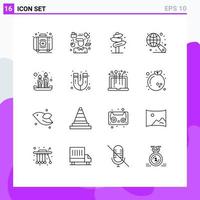 Group of 16 Modern Outlines Set for search globe consultant street post Editable Vector Design Elements