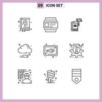 Modern Set of 9 Outlines and symbols such as fish night action cloud hammer Editable Vector Design Elements