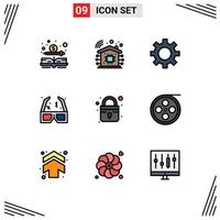 Mobile Interface Filledline Flat Color Set of 9 Pictograms of camera lock gear closed film Editable Vector Design Elements