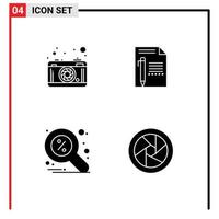 Set of 4 Commercial Solid Glyphs pack for camera write picture page find Editable Vector Design Elements