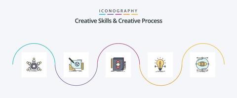 habilidades creativas y línea de proceso creativo llenaron un paquete de iconos planos 5 que incluye la solución. bulbo. idea. desarrollo. identidad vector