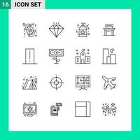 Pictogram Set of 16 Simple Outlines of gadget device liquid soap biology meter chair Editable Vector Design Elements