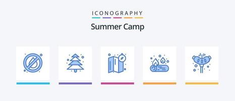 paquete de iconos azul 5 del campamento de verano que incluye. cámping. mapa. embutido. carne. diseño de iconos creativos vector