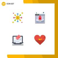 grupo de 4 iconos planos, signos y símbolos para el acceso a la herramienta del dólar, alojamiento web, elementos de diseño vectorial editables del corazón vector